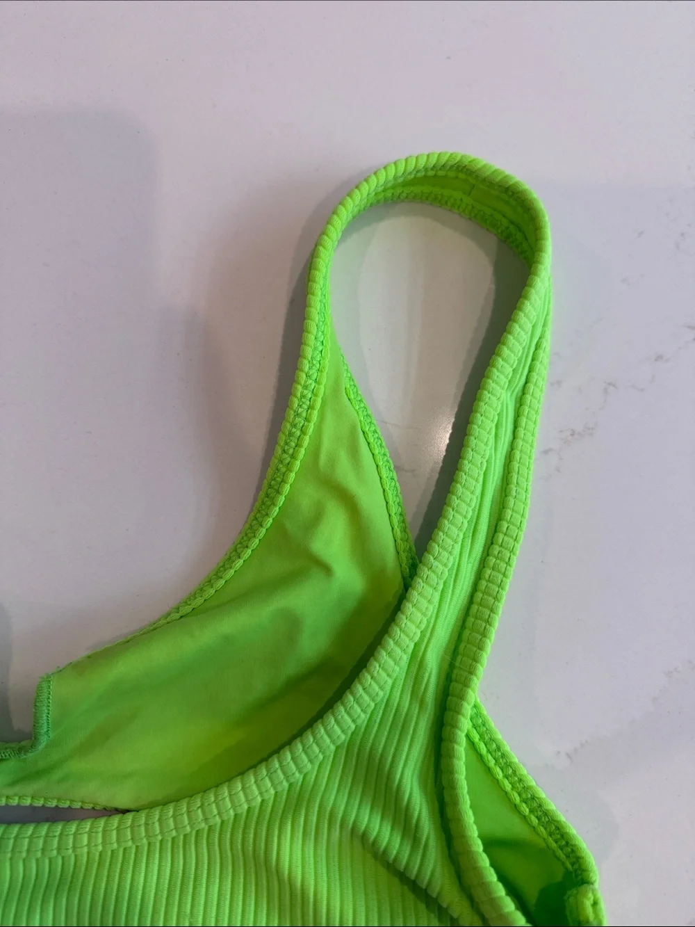 Frankie’s Bikinis Neon Green Ribbed Cole V-Notch Cutout Top - Women